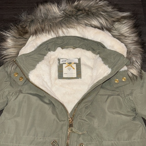H&M Toddler Hooded Padded Parka w/Faux Fur Trim Size 3-4 Olive Green/Cream NWOT - Picture 11 of 13